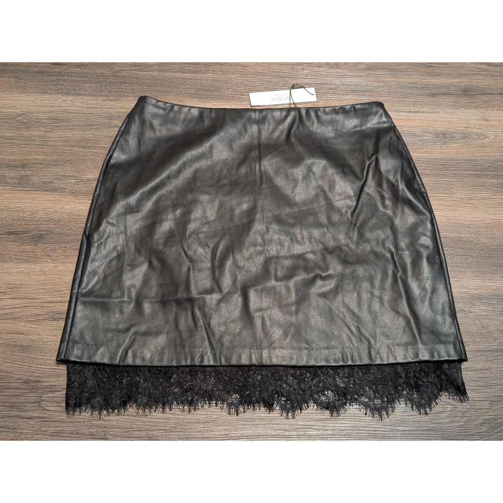 BCBG New York Faux Leather Mini Skirt Womens L Onyx Black Lace Trim NWT Goth‎